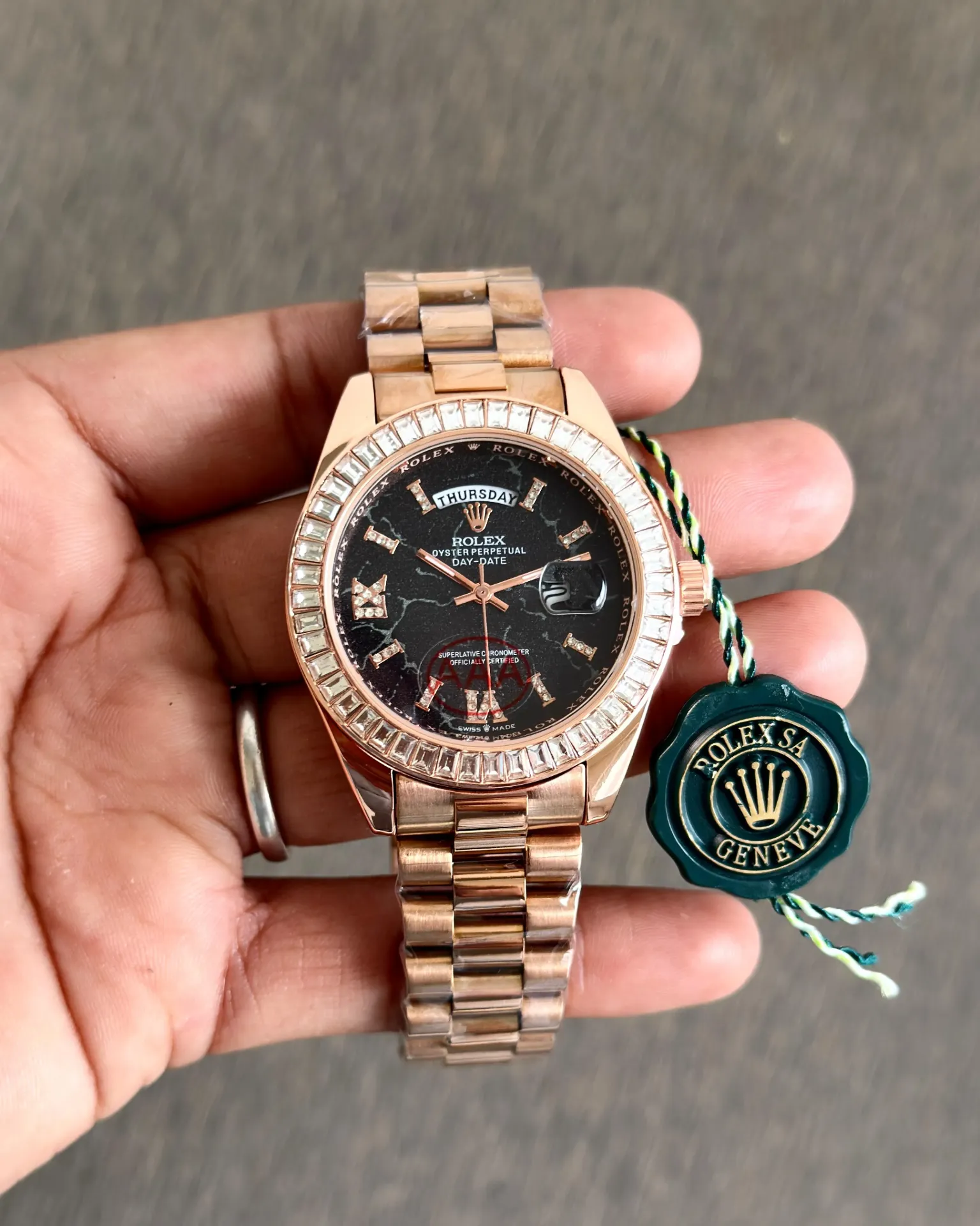 Rolex Day-Date Original Model /- 128395TBR-0010 Eisenkiesel Dial Rose Gold with Diamond Bezel Watch